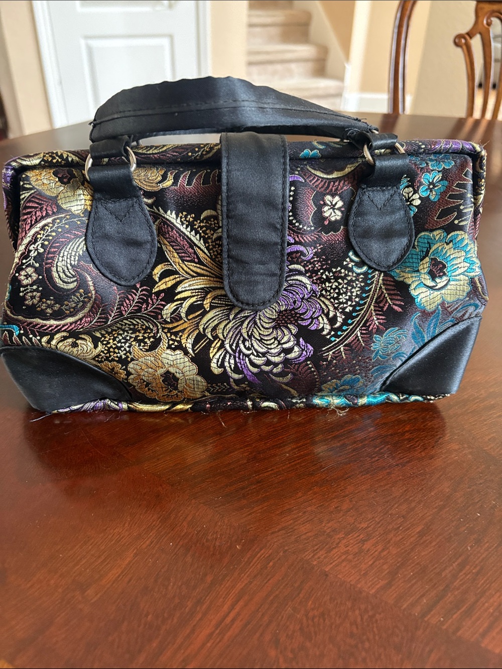 Vintage Susan Faris Floral Jacquard Satchel Handbag in Black and Gold